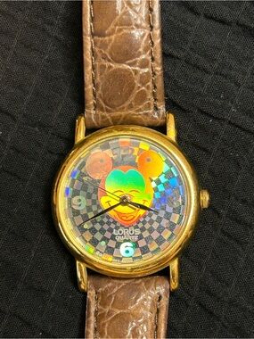 Mickey Mouse Quartz Gold-Tone Watch with Brown Leather Strap and Multicolor Dial